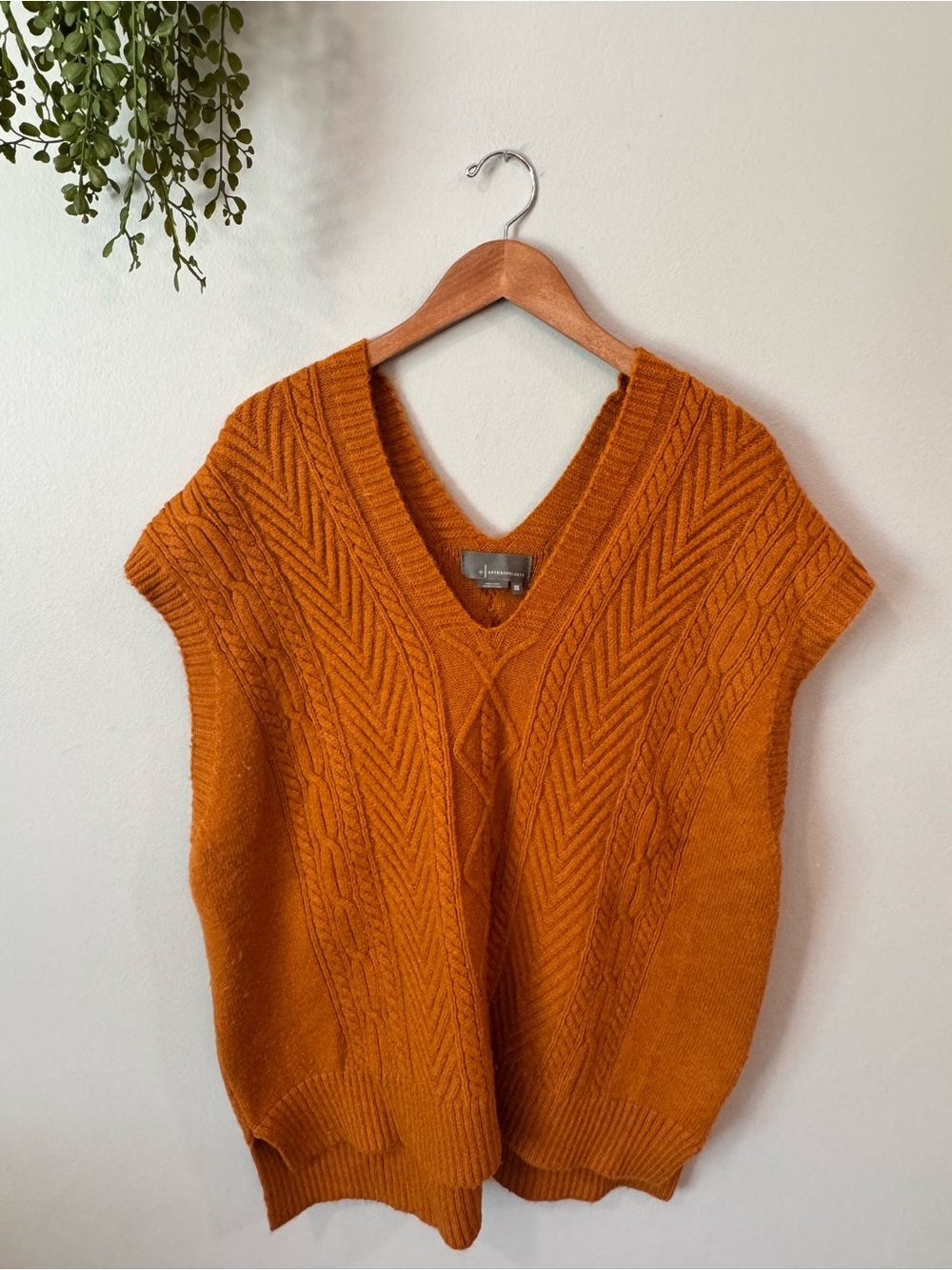 Anthropologie Cable Knit Oversized V-Neck Sweater Vest - Pumpkin Orange One Size